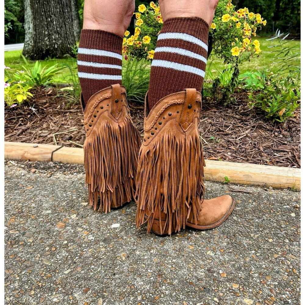 Liberty Black Tan Leather Fringe Western Boots LB-71124 Studded Pointed Toe 8 - Picture 6 of 8